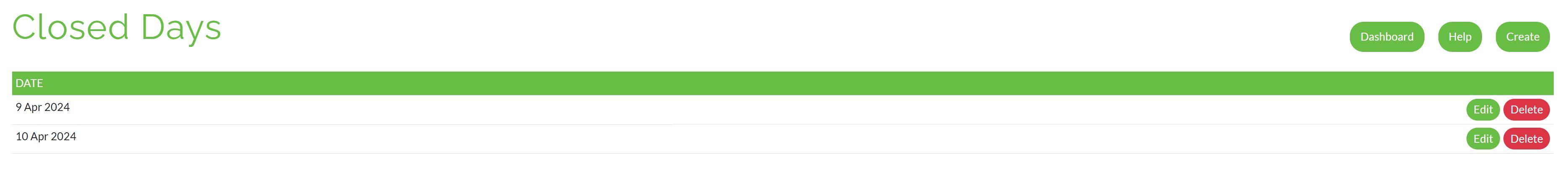 Form showing 9th April marked as closed